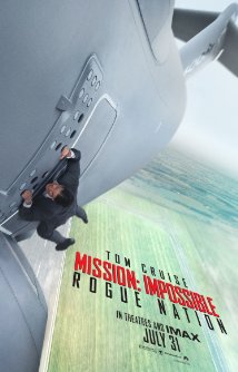 Mission Impossible-Rogue Nation Movie Poster with Ethan Hunt flying on the outside of the plane.