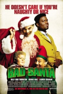 The movie Bad Santa illustrated through movie poster with Santa, a child, and elf, and angry man.