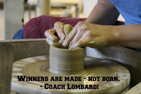 Coach Lombardi said, "Winners are made." illustrated by a potter forming or molding a piece of clay on a potters wheel.