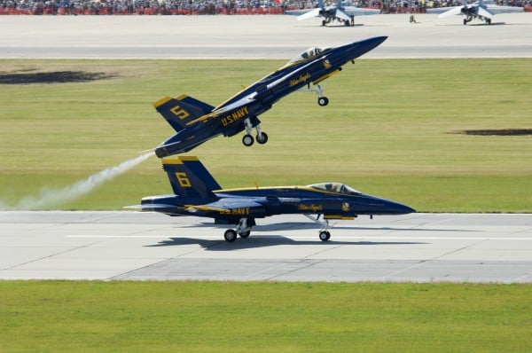 Workplace awesomeness illustrated by the Air Force's Blue Angels team performing aerial stunts.