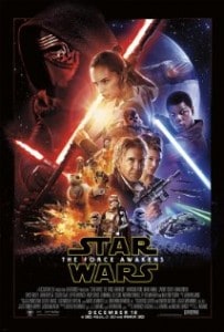 Star Wars: The Force Awakens movie poster with image of the main characters represented with shadows, light, and light sabers.