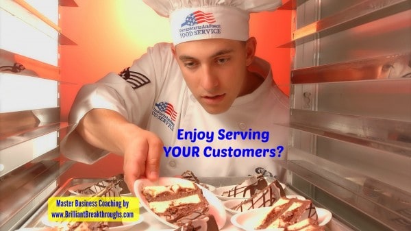 Enjoy Serving Your Customers? Illustrated by a military chef rearranging pie servings in a serving rack.