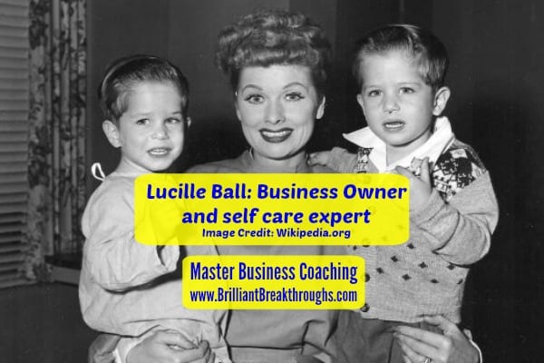 Balanced self care for Business Owners illustrated through black and white posed photo of Lucille Ball sitting with her young children on their bed.