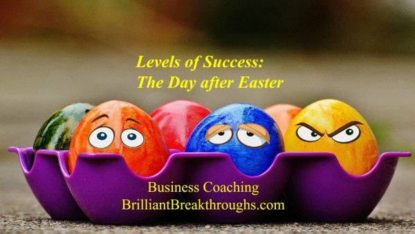 Levels of Success illustrated by collred eggs with faces of worry, exhaustion, and being on guard painted on them because who knows what's next!