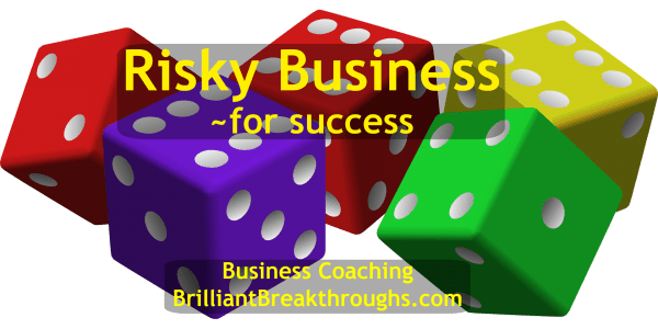 Risky Business illustrated by dice in the colors of red, blue, green, and yellow.