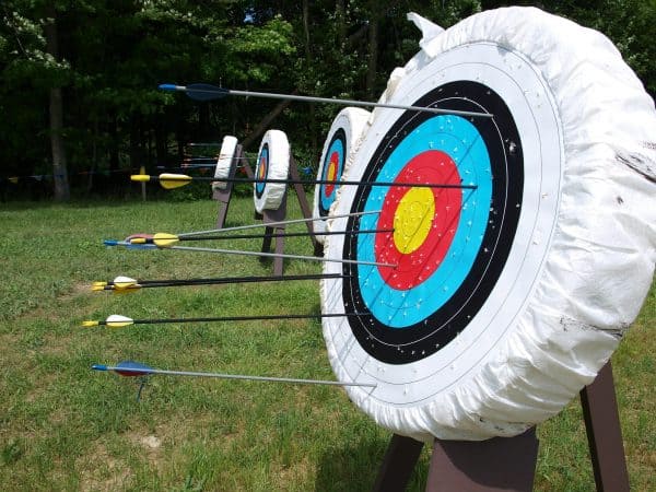 Great Aims for Business Owners illustrated by four archery stands in a field with arrows on the bulls-eye!