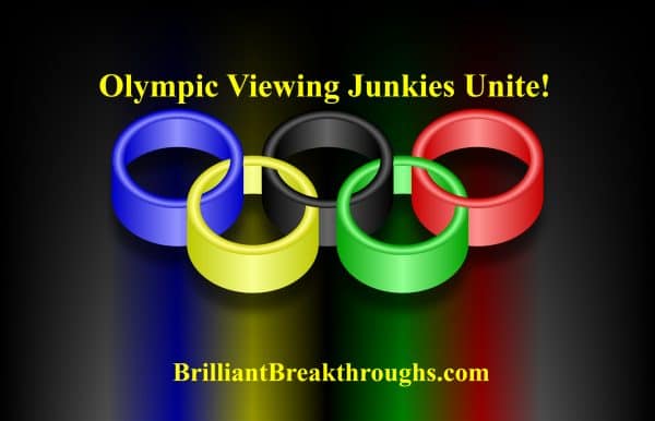 Olympic viewing junkies illustrated by 3-5 Olympic rings reflecting upon a black background.