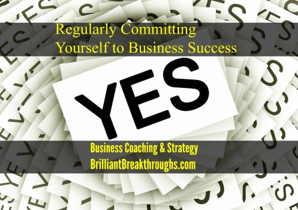 Regularly committing yourself to your business success illustrated byt a white card with "YES" in black. The card spirals out from underneath it- like a fractal.