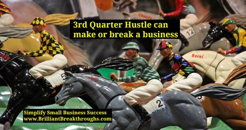 3rd Quarter Hustle illustrated by a race of horses with their jockeys going for the win.