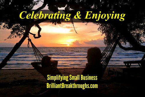 Celebrating and Enjoying Success illustrated by the silhouettes of a two people facing each other on a hammock on a beach at sunset. 
