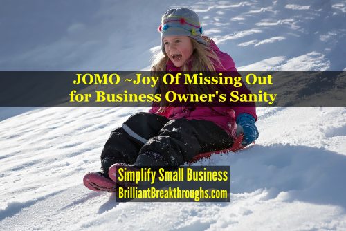 JOMO: the Joy Of Missing Out illustrated by a young girl sledding down a snowy hill.
