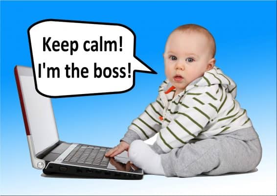 Business Coaching by Brilliant Breakthroughs, Inc. _YOUR Boss is a Jerk illustrated by a baby in front of a laptop claiming he's the boss.