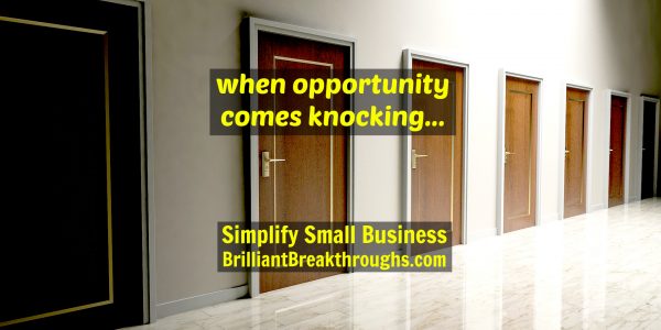 Business Coaching by Brilliant Breakthroughs, Inc. When Opportunity Comes Knocking illustrated by many wooden doors in a line and some have light shining on them.