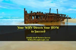 Business Coaching by Brilliant Breakthroughs, Inc. Your WHY directs Your HOW to Succeed illustrated by a deteriorated shipwreck on a tropical shore.
