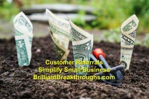Small Business Coaching by Brilliant Breakthroughs, Inc. Addressing: Customer Referrals illustrated by dollar bills budding from a tilled garden.