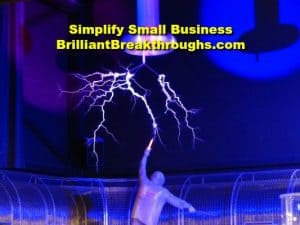 Small Business Coaching by Brilliant Breakthroughs, Inc. Great Experiment illustrated with a man holding a rod to conduct electricity in a lab.