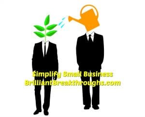 Small Business Coaching by Brilliant Breakthroughs, Inc. Vetting a mentor illustrated by 2 men. One has the head of a water can and is watering the other, who has the head of a plant.