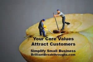 Small Business Coaching by Brilliant Breakthroughs, Inc._ Core Values illustrated by male figurines digging into an apple's core.