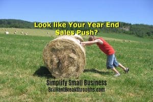 Small Business Coaching by Brilliant Brekathroughs, Inc. Sales Push illustrated by women pushing rolled bale of hay uphill.
