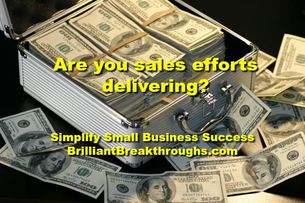 Small Business Coaching by Brilliant Breakthroughs, Inc.  Topic: Sales efforts illustrated by stacks of dollar bills in a case.