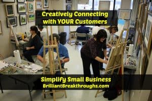 Small Business Coaching by Brilliant Breakthroughs, Inc. Creatively connecting with your customers i;;ustrated by a group of painters in a painting class.