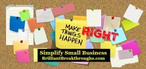 Small Business Coaching by Brilliant Breakthroughs, Inc. Daily Actions illustrated by a cork board with multi-colored posted notes.