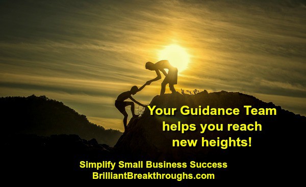 Small Business Coaching by Brilliant Breakthroughs, Inc. Guidance Team illustrated by one man helping another man achieve a mountain summit.