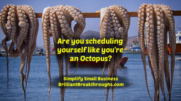 Small Business Coaching by Brilliant Breakthroughs, Inc. Topic: Scheduling Illustrated by 3 octopus hanging out to dry.