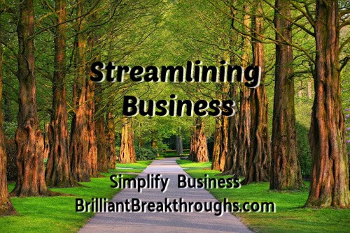 Business Coaching by Brilliant Breakthroughs, Inc. Topic: Streamlining Business illustrated with a paved lane with trees on the side.