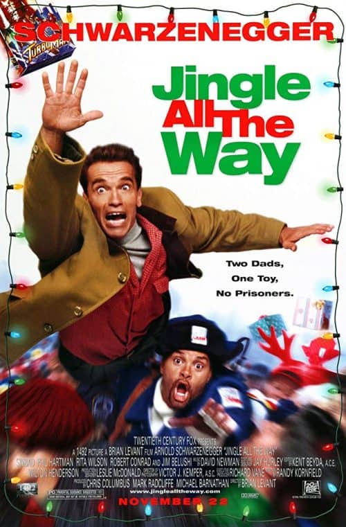 Jingle All the Way Movie Poster. Two dads fighting over a Christmas toy for their sons.