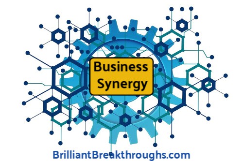 Business Synergy illustrated with blue gears and nodes interconnected.
