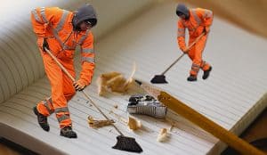 2 men cleaning up a scattered mess with brooms.